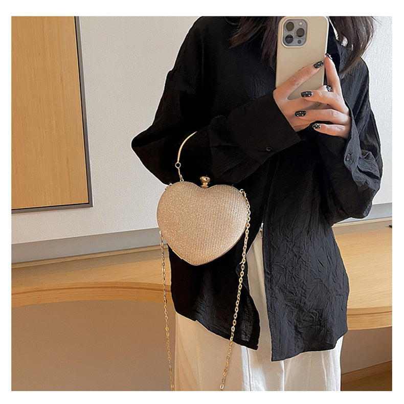 Ladies Fashion Shining Chain Crossbody Bag, Elegant Shoulder Heart Shaped, Metal Embellished, Black, with Buckle Closure, for Party, Wedding, Date